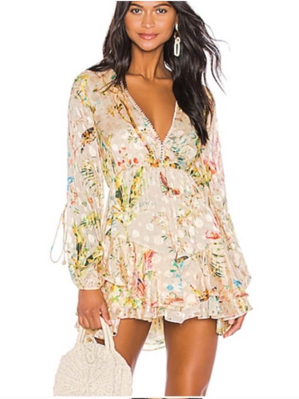 HEMANT & NANDITA Cream Floral V-Neck Long Sleeve Mini Dress